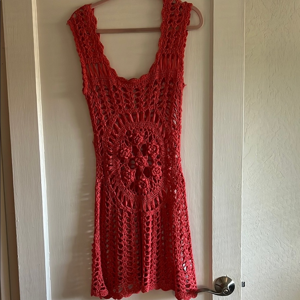 Romeo & Juliet Couture Red Crochet Swim Coverup Dress